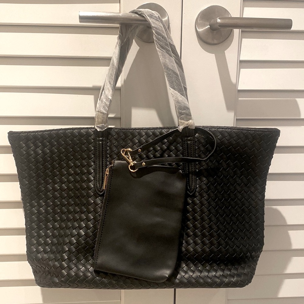Large black laptop tote bags for women with a small clutch wallet bag